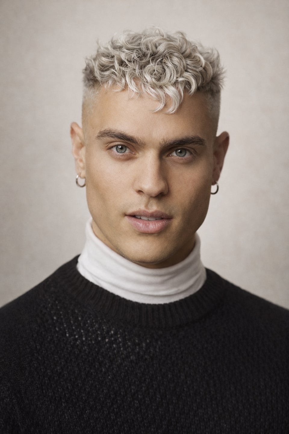 Actor headshot of a man with platinum curls wearing a black sweater