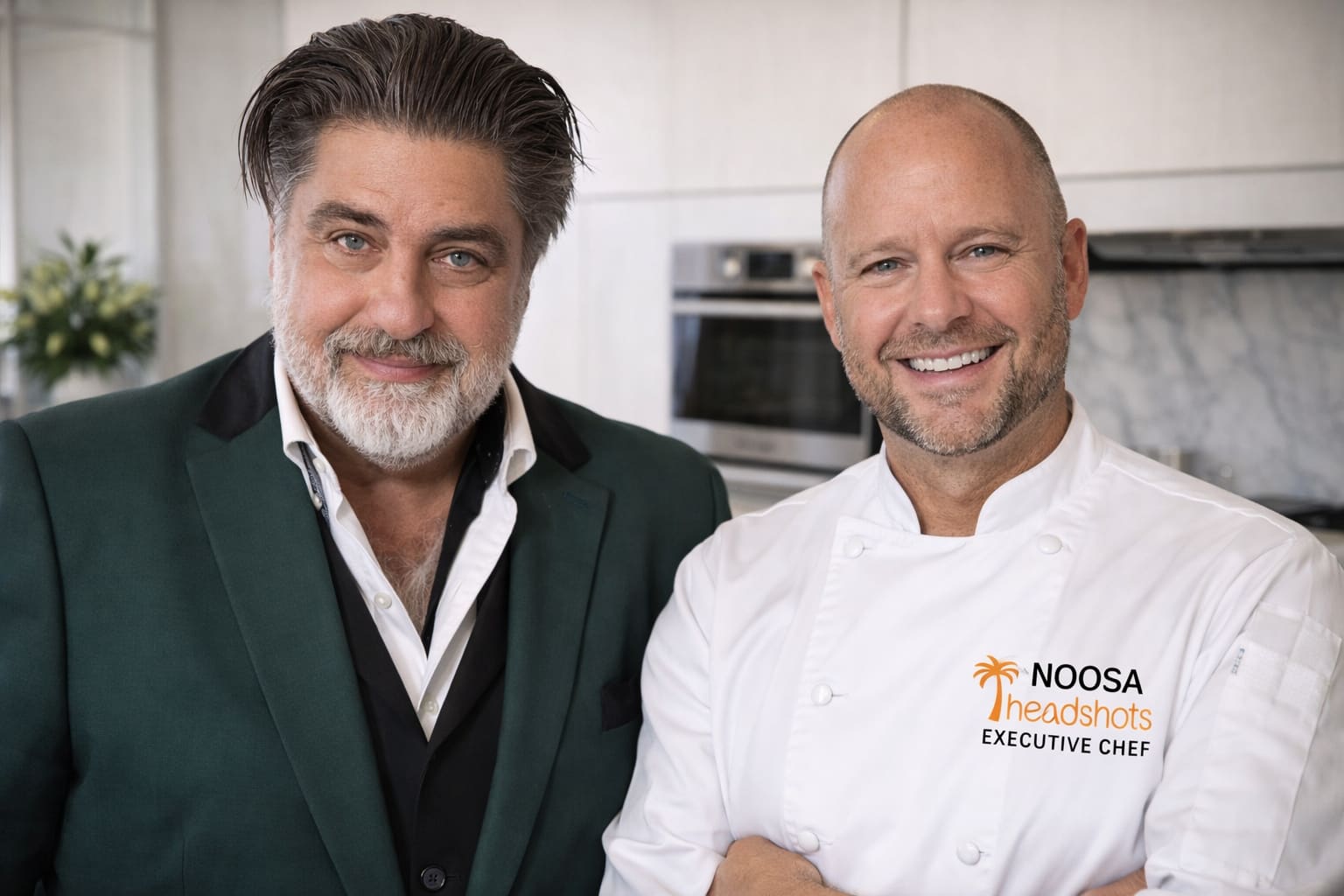 Two celebrity chefs photographed together in a bright kitchen setting, one wearing a dark suit and one wearing a white chef jacket