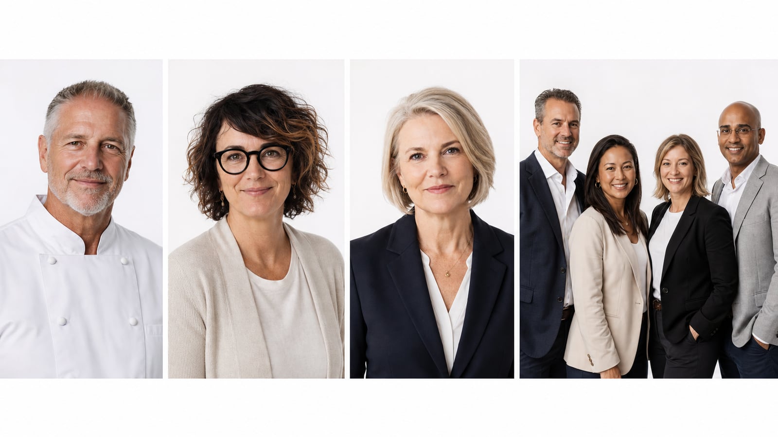 Individual professional headshots and a coordinated corporate group portrait on a white background