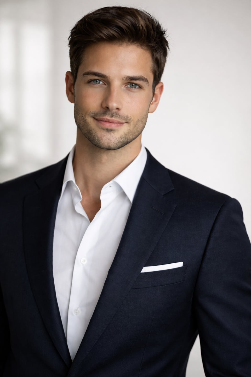 Executive headshot of a man in a navy suit photographed in a bright studio