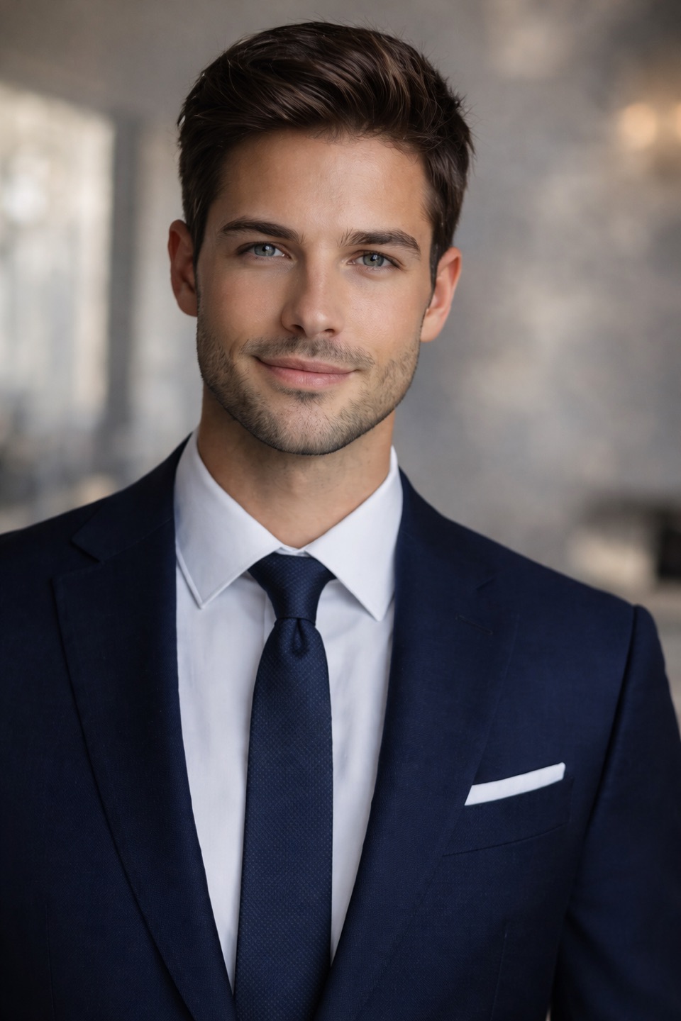 Professional corporate headshot of a man in a navy suit