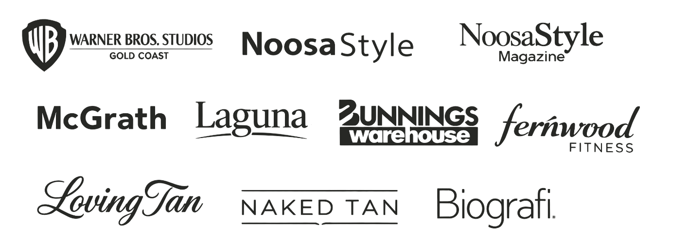 Selected experience including Warner Bros. Studios Gold Coast, Noosa Style, Noosa Style Magazine, McGrath, Laguna, Bunnings Warehouse, Fernwood Fitness, Loving Tan, Naked Tan and Biografi