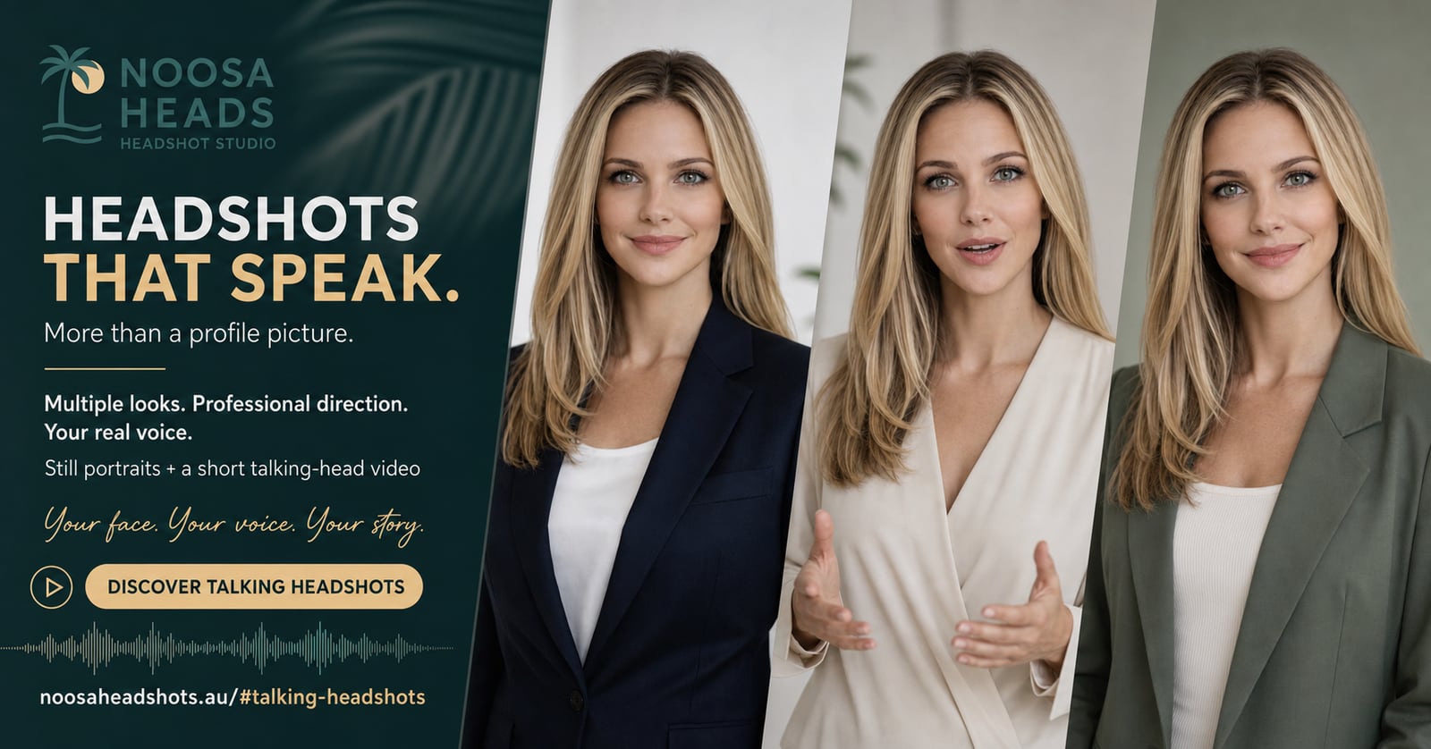 Talking Headshots concept showing one professional in three camera-ready outfits, including a natural speaking portrait