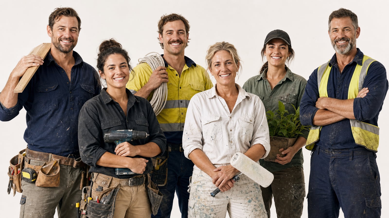 Group business portrait of six trade professionals in workwear against a light studio background